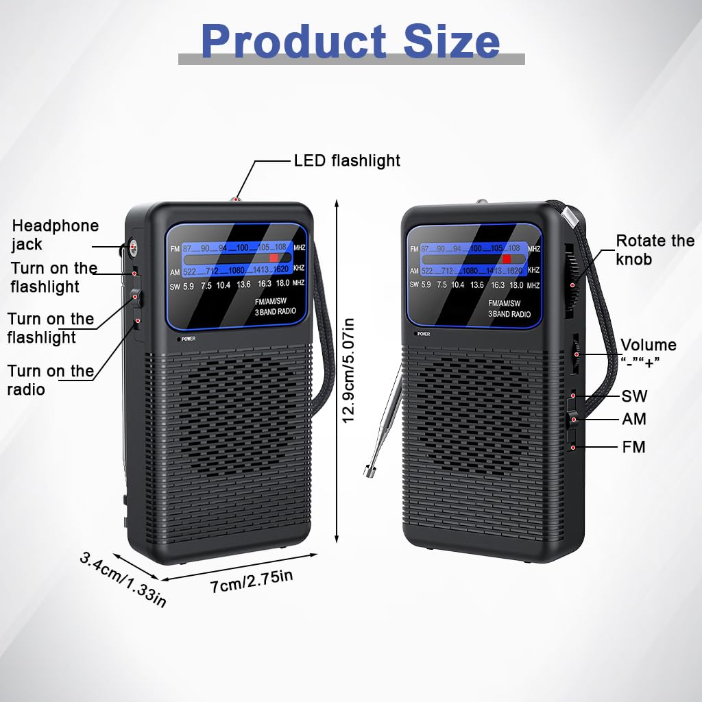HASTHIP® Radio de Bolsillo con Luz, Radio Exterior FM/AM/SW de 3 Bandas, Toma para Auriculares de 3.5mm, Pantalla LCD, Mini Radio para Camping, Viajes y Emergencias, Funciona con Pilas (Sin Batería)