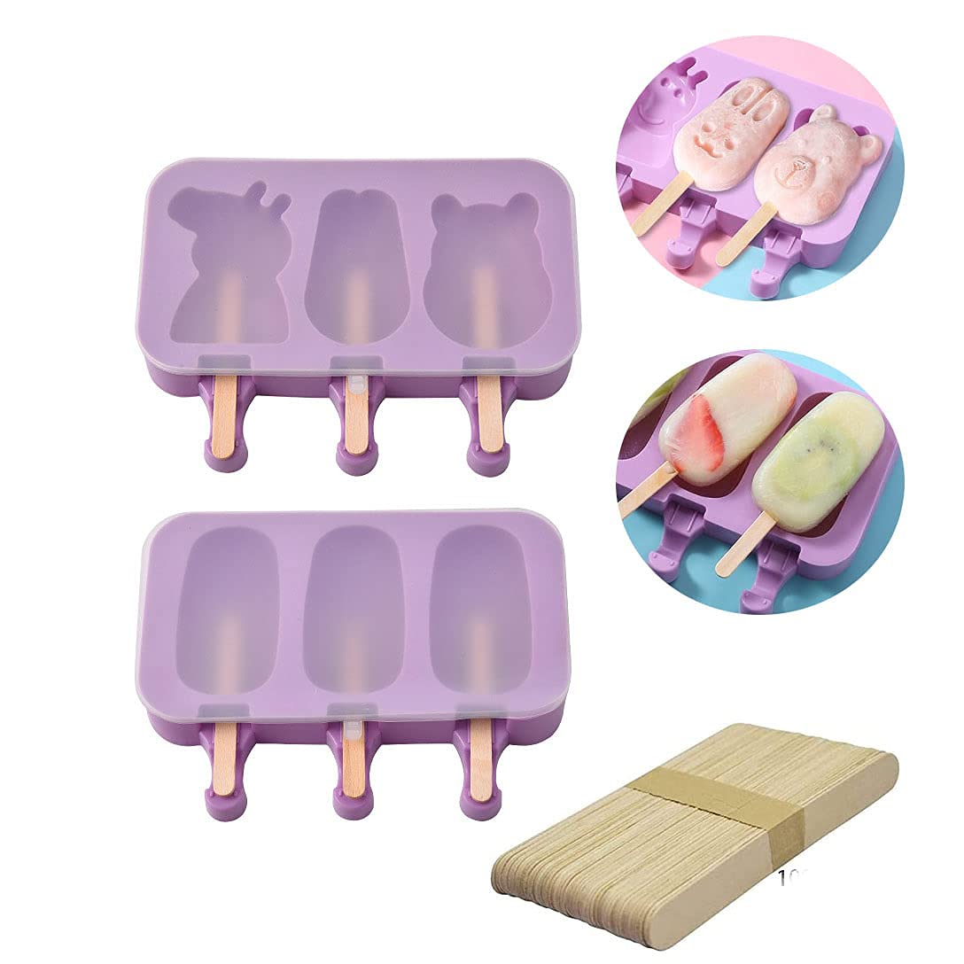 Cartoon kulfi Ice Cream Mold, Popsicle Mould Silicone, 2 Pieces in 6 Slots, with 100 Wooden Sticks, Reusable, Ice Cream Popsicle Maker, Easy Release