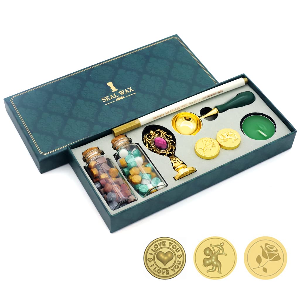Wax Seal Stamp Kit, Wax Seal Kit, Seal Stamp Kit, Wax Seal Stamp with Sealing Wax Beads, Candles, Wax Melting Spoon, Wooden Handle Stamp For Craft, Fine Gift Box (Love)