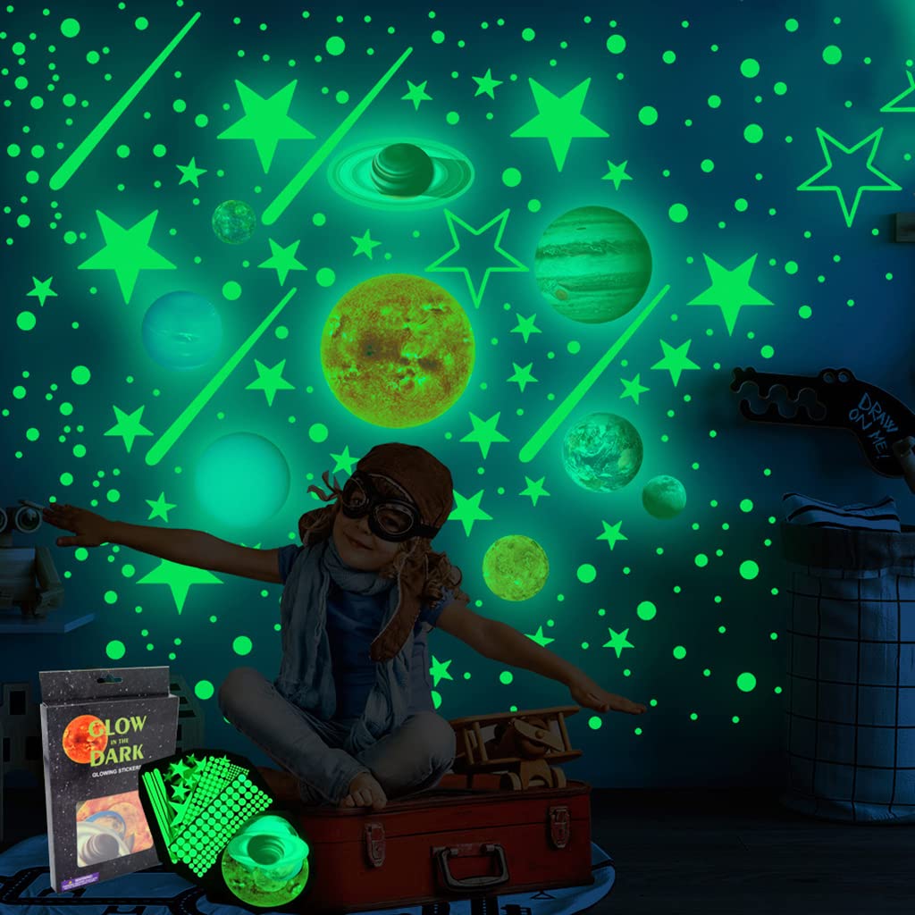 HASTHIP 3D Luminous Wall Sticker Set for Starry Bedroom with 110 pcs Glow Planets and Stars | Self Adhesive Waterproof PVC Decor