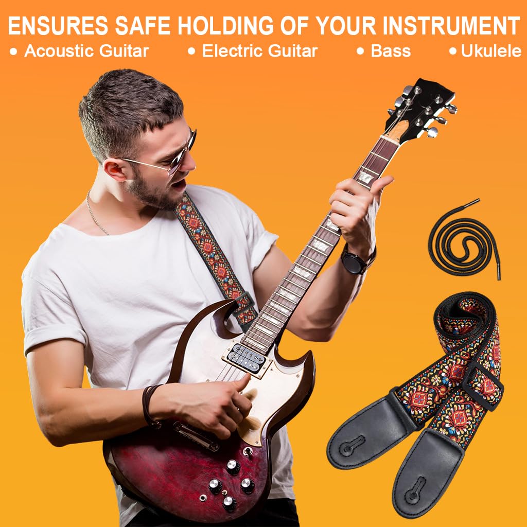HASTHIP Guitar Strap featuring Double-Sided Embroidery Adjustable 34–41 in for Acoustic Electric Bass | 3PCS Gift for Players