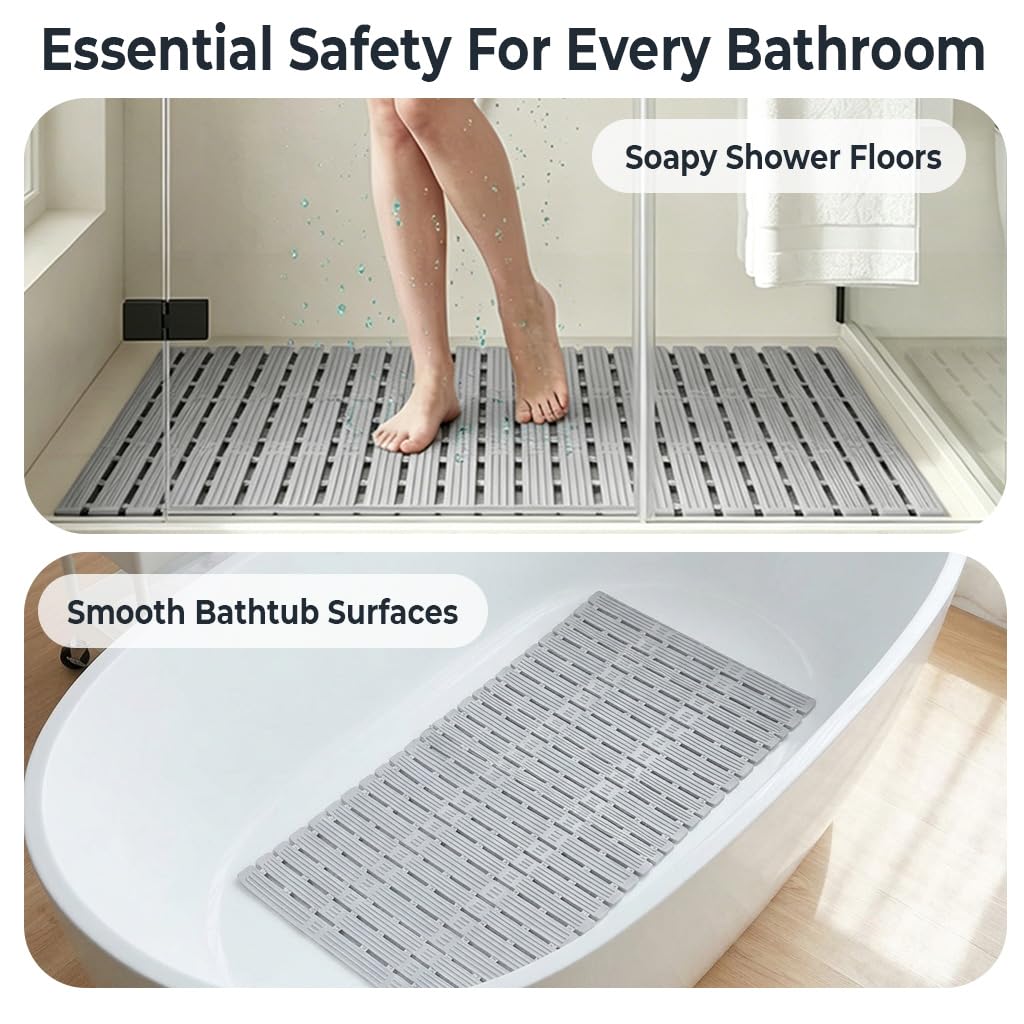 HASTHIP® Bathroom Mats, Suction Cup Shower Mat, 35.4''x 15.7'' Silicone Shower Mats for Bathroom Anti Slip, Anti-Skid Bathroom Safety Mat with Strong Grip, Quick Drain Design for Shower & Bathtub
