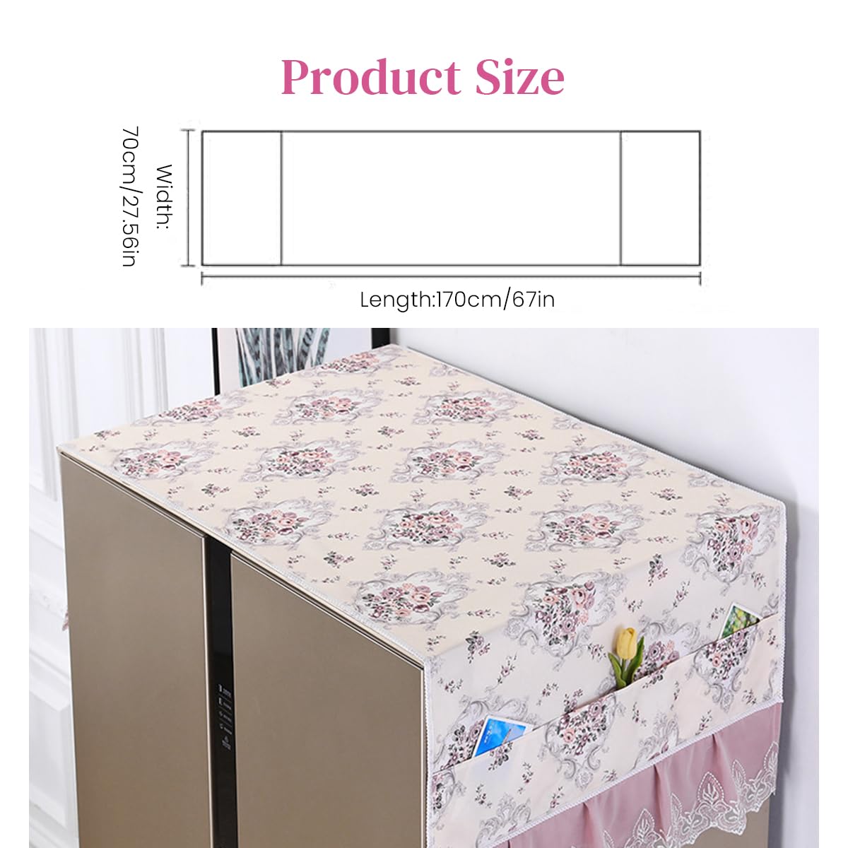 HASTHIP Refrigerator Cover with Floral Print and Lace Hem 27.6 x 67 in | Dust Proof 3PCS