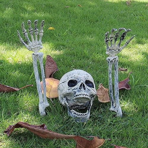 HASTHIP® Halloween Half-Buried Skeleton Ornament, 2 Arms & Skeleton Head, Spooky Upper-Body Skeleton Garden Courtyard Decor Lawn Ornament for Halloween