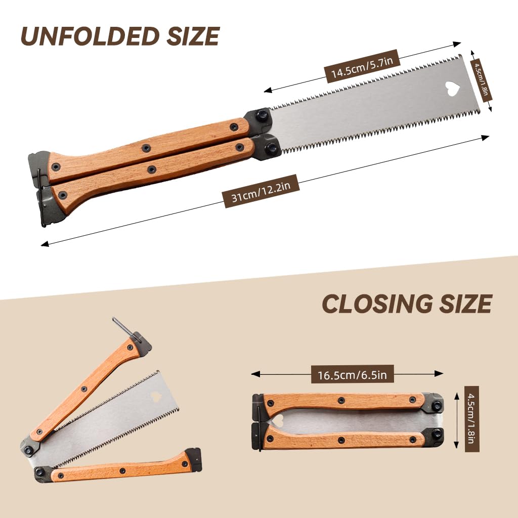 Hand Saw Wooden Handle 5.5 Inch Steel Blade Butterfly Folding Saw High Hardness SK-5 Steel Double Side Hand Saw Portable Woodworking Hand Saw for DIY Wooden Craft Wood Work