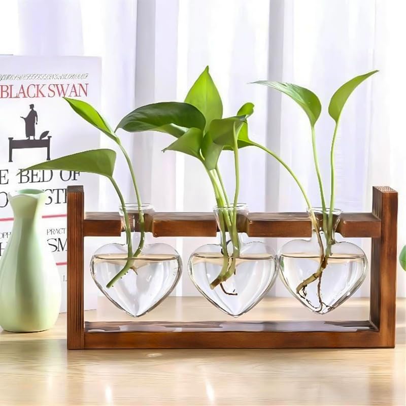 HASTHIP Hydroponic Glass Vase Kit for Desktop Decor with 3 Heart Planters & Wooden Stand
