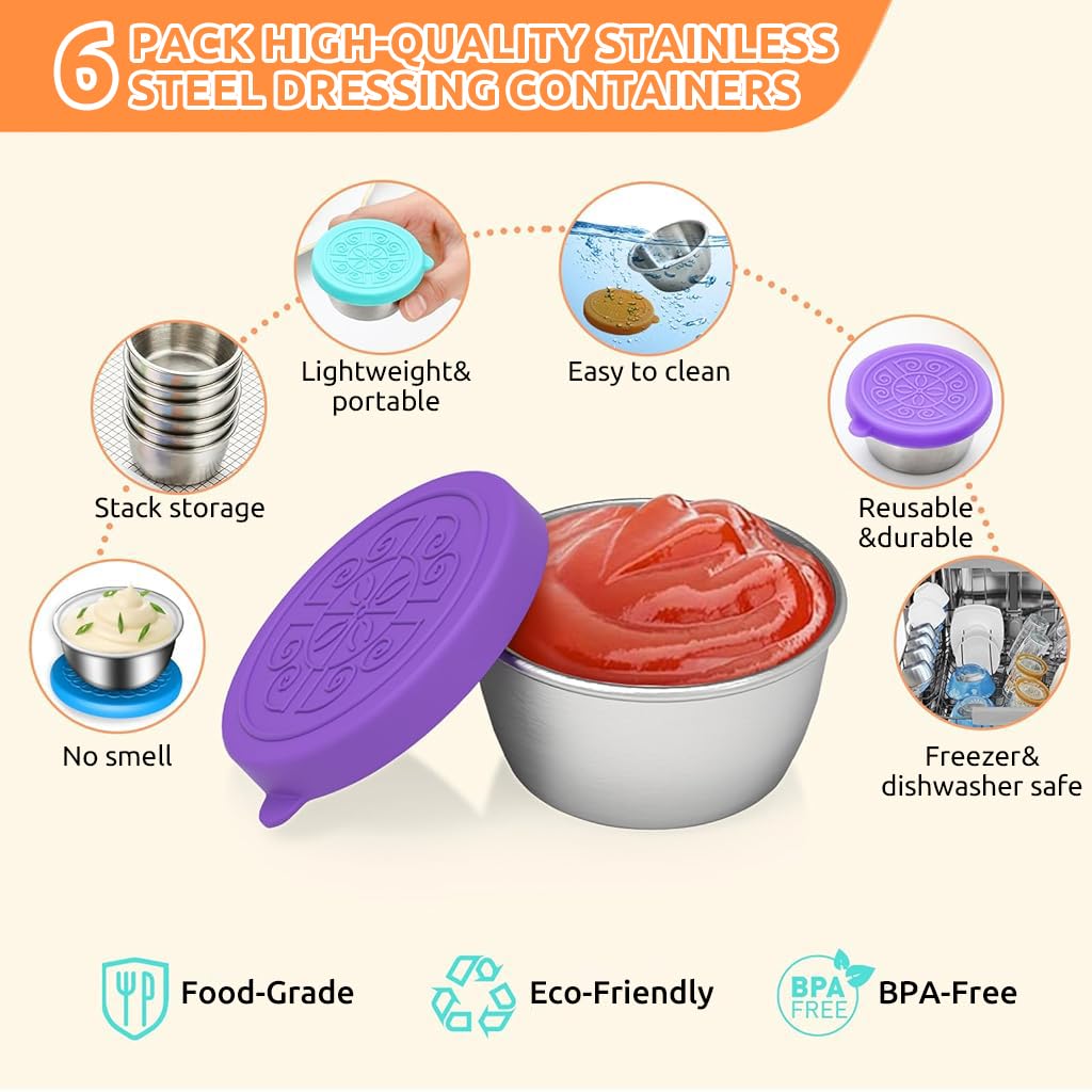 HASTHIP® 6 Pack Small Condiment Containers with Lids, 40ml Leakproof Salad Dressing Container To Go, Stainless Steel Sauce Container with Silicone Lids, Reusable Small Dipping Sauce Cups