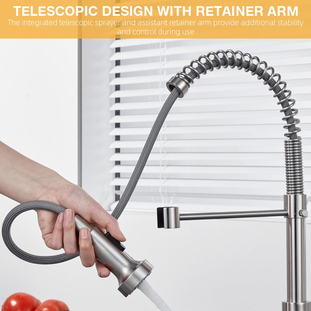 HASTHIP Kitchen Faucet for Double Sink with 360° Flexible Spout and Telescopic Retainer Arm | Stainless Steel Installation Kit