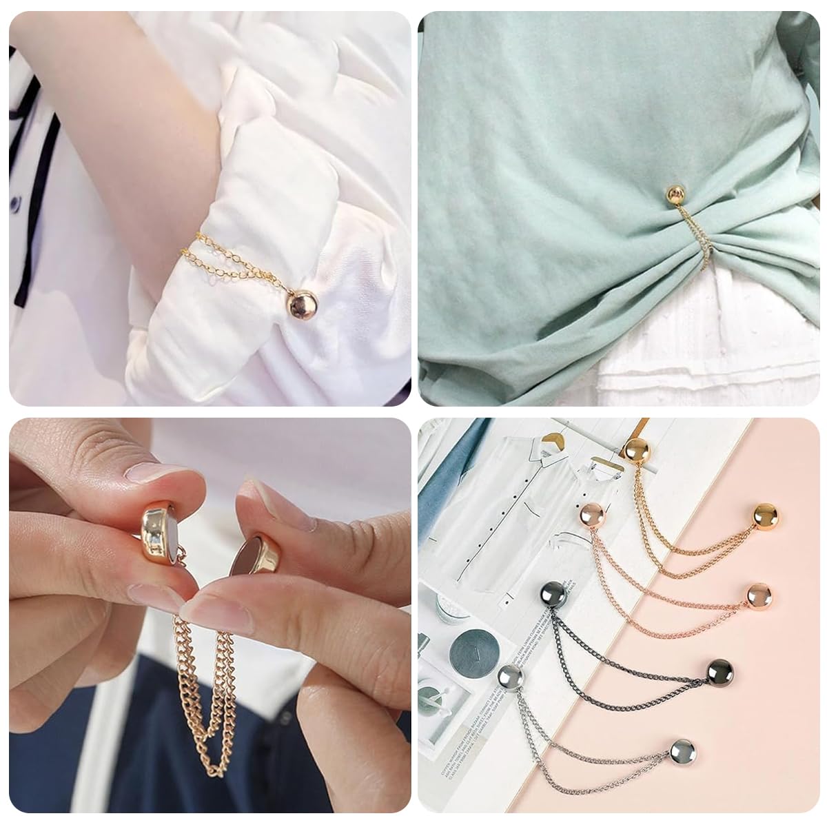 HASTHIP® 4Pcs Magnetic Clothing Clip, Metal Pinless Brooch Clothes Hijab Magnets Chain, Magnetic Cuff Holder, Multi-Purpose Pant Buttons Clips for Shirts, Blazer, Trousers (4 Colors)