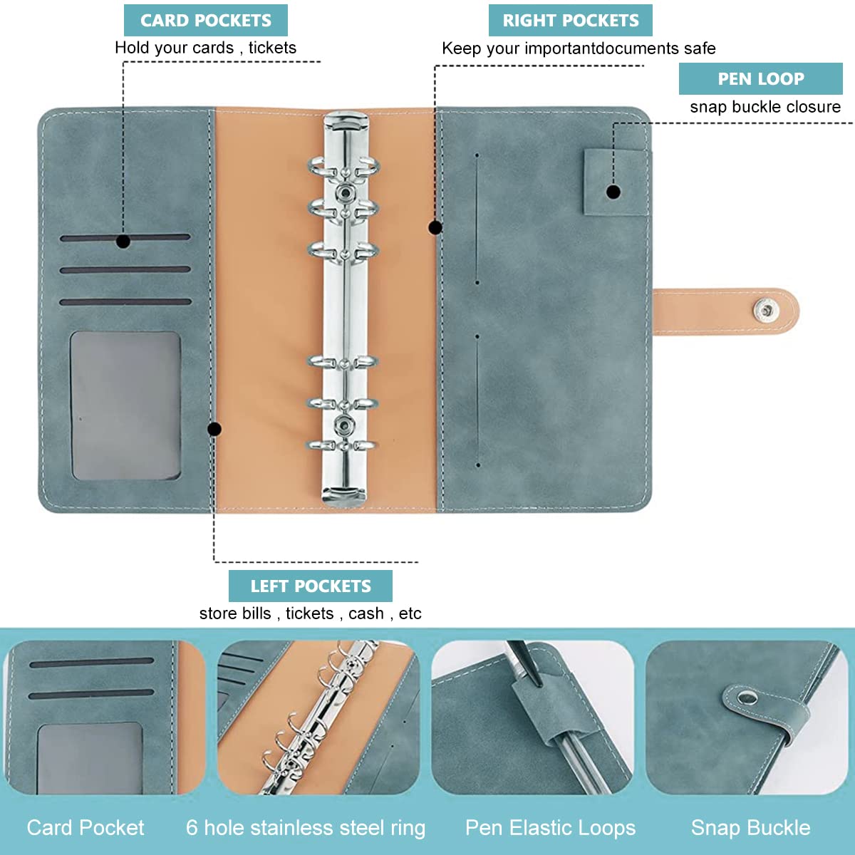 File Folder Ring Binder Notebook Set, A6 PU Leather Binder Clip with 12 Envelopes, 12 Budget Sheets, 2 Label Stickers, 1 Ruler, Ring Binder Clip Stationery Supplies (Blue)