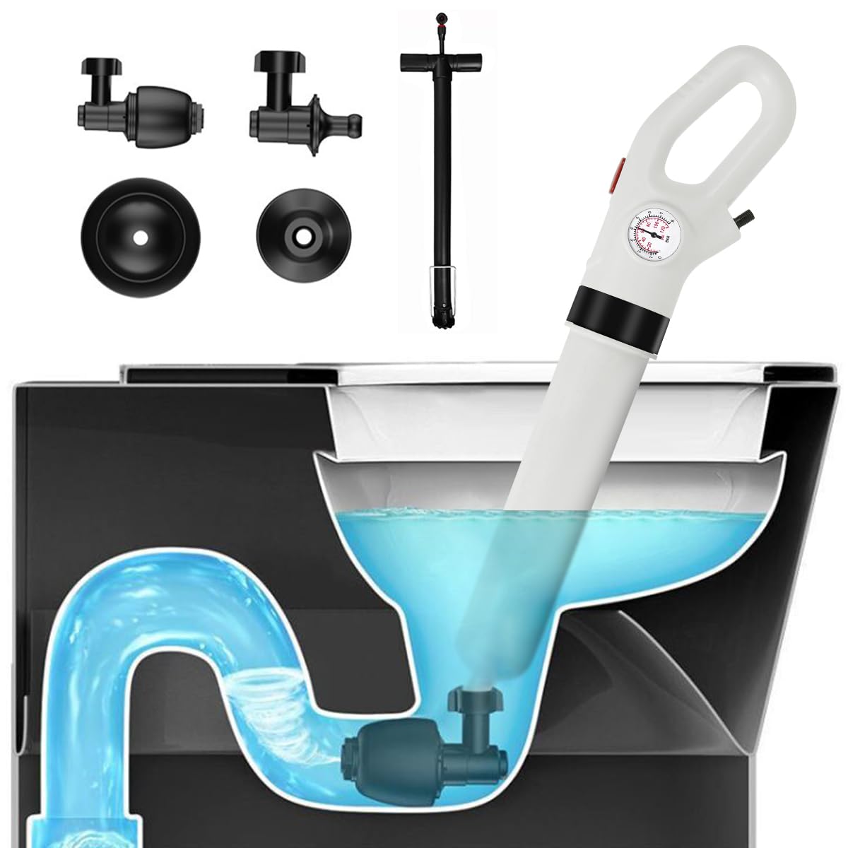 HASTHIP Pressurized Toilet Plunger for Clog Removal with Built-in Air Pump and Barometer | Multi-Attachment Heads for Toilets Sinks and Bathtubs
