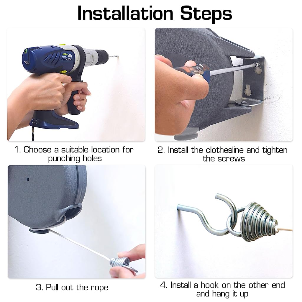 HASTHIP Retractable Clothesline for Indoor and Outdoor Drying with 39ft PVC Line and Wooden Clips | Supports 30lbs