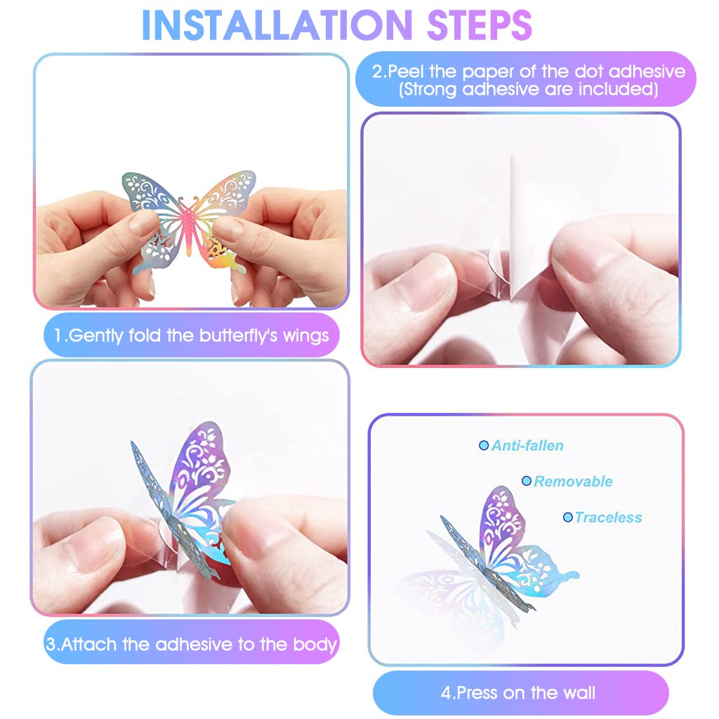 60pcs 3D Butterfly Wall Stickers Decor Rainbow Silver Butterfly Stickers Hollow Mural Decals DIY Decorative Wall Art Crafts for Baby Room Home Decor Refrigerator Decoration, Self-Adhesive