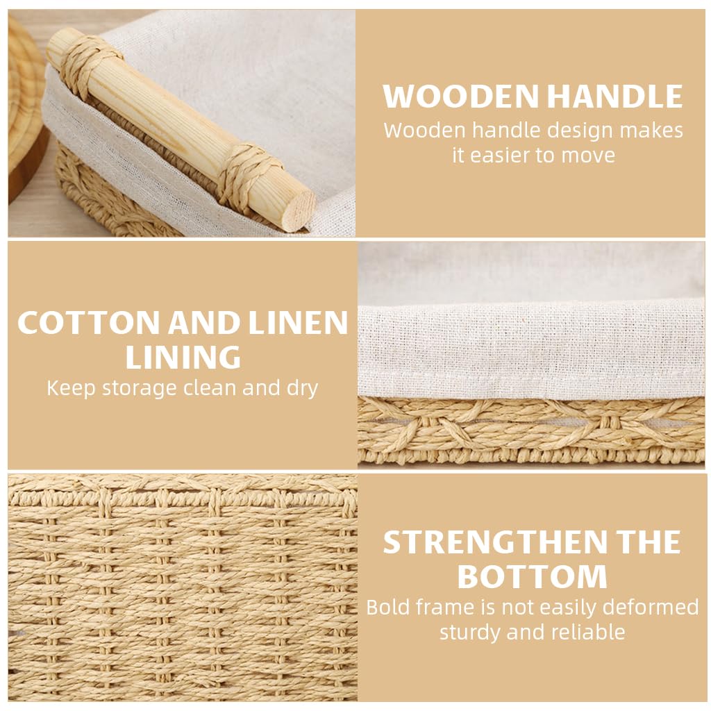 HASTHIP Desk Organizer for Bathroom and Dresser with Wooden Handle | 2 Sizes 30x20x10cm & 25x15x8cm Rustic Rattan Fabric Lined Storage Box