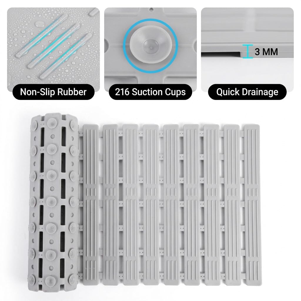 HASTHIP® Bathroom Mats, Suction Cup Shower Mat, 35.4''x 15.7'' Silicone Shower Mats for Bathroom Anti Slip, Anti-Skid Bathroom Safety Mat with Strong Grip, Quick Drain Design for Shower & Bathtub