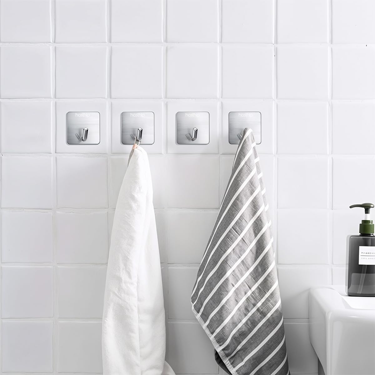 HASTHIP Wall Hooks for Hanging Bathroom and Kitchen with Self Adhesive Design 4 Pack Stainless Steel