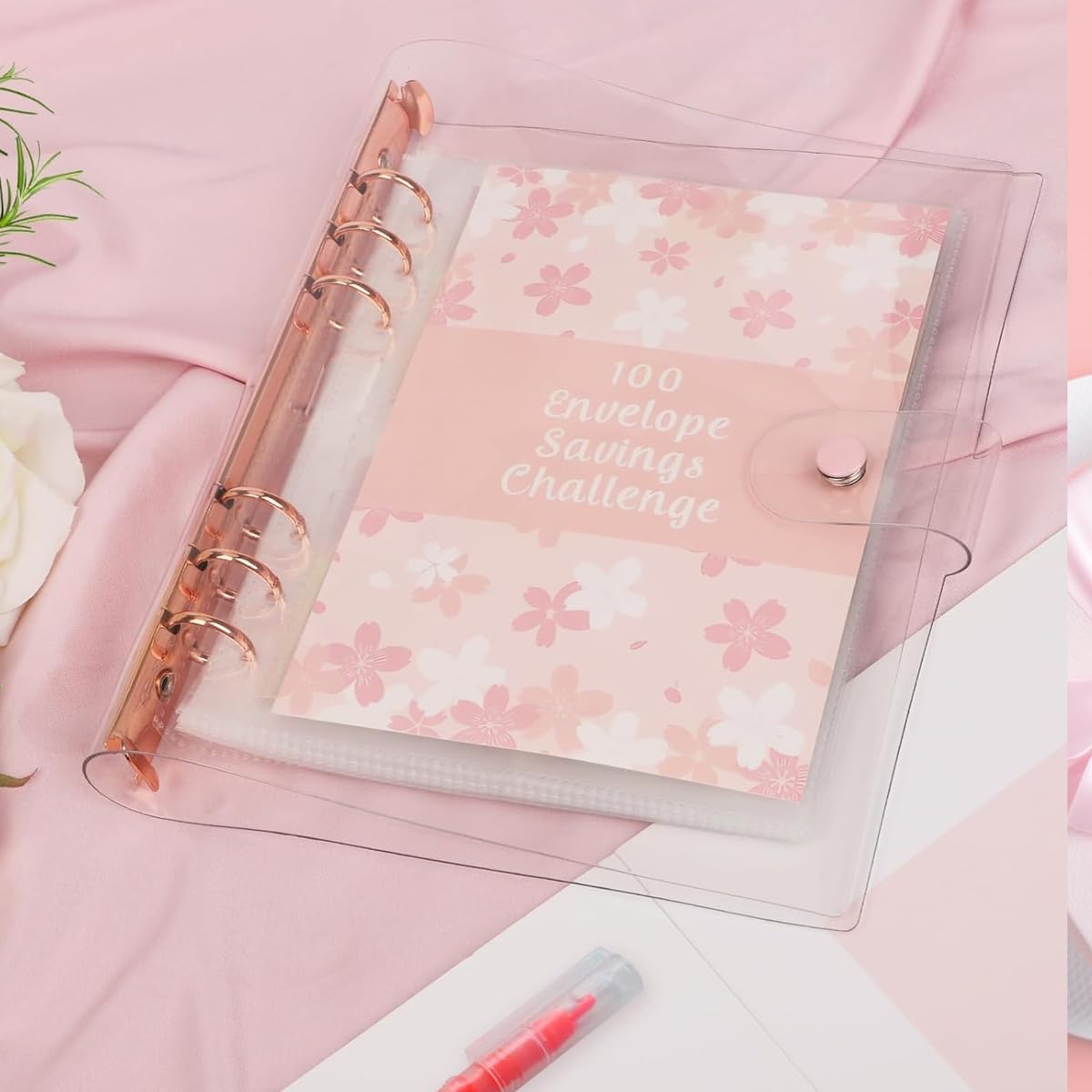 HASTHIP Envelopes Challenge Binder for 100 Day Saving Goals with $5050 Tracker Sheet | A5 PVC Sakura Organizer