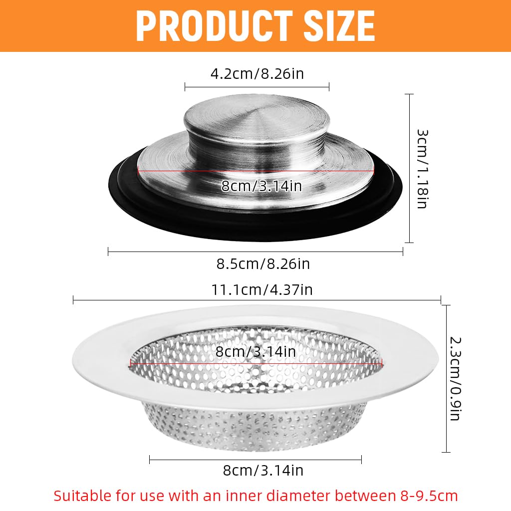 HASTHIP Kitchen Sink Stopper and Strainer Set for 4.3 in Drains with Rubber Seal | Stainless Steel
