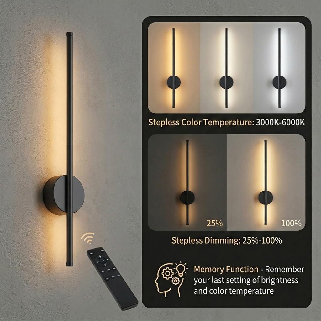 HASTHIP® 3-Color LED Wall Sconce 23.6in Luxury Golden Finish Modern Wall Stick Light Set, Dimmable Wall Lamp with Remote & Touch Control, USB Rechargeable Wall Lamp