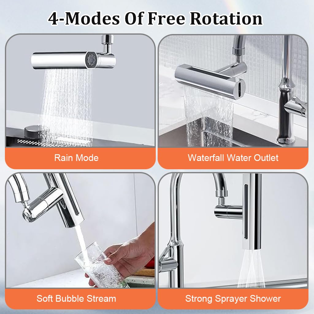 HASTHIP® Kitchen Faucet 360° Swivel 4 in 1 Waterfall Kitchen Faucet Plating Kitchen Sink Faucet Extender Splash-proof Faucet Universal Waterfall Kitchen Faucet with Installation Kit