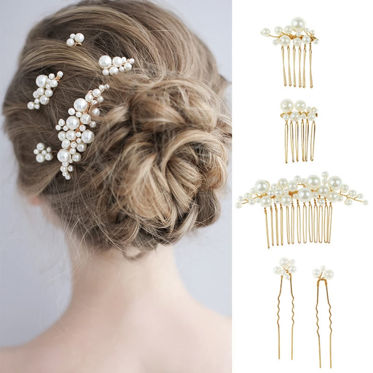 HASTHIP® 5 Piezas Accesorios para el Cabello de Mujer,Peinetas de Perlas Artificiales para Boda,Clips Moño Elegantes Horquillas Novia y Peines Decorativos Fiesta y Diario