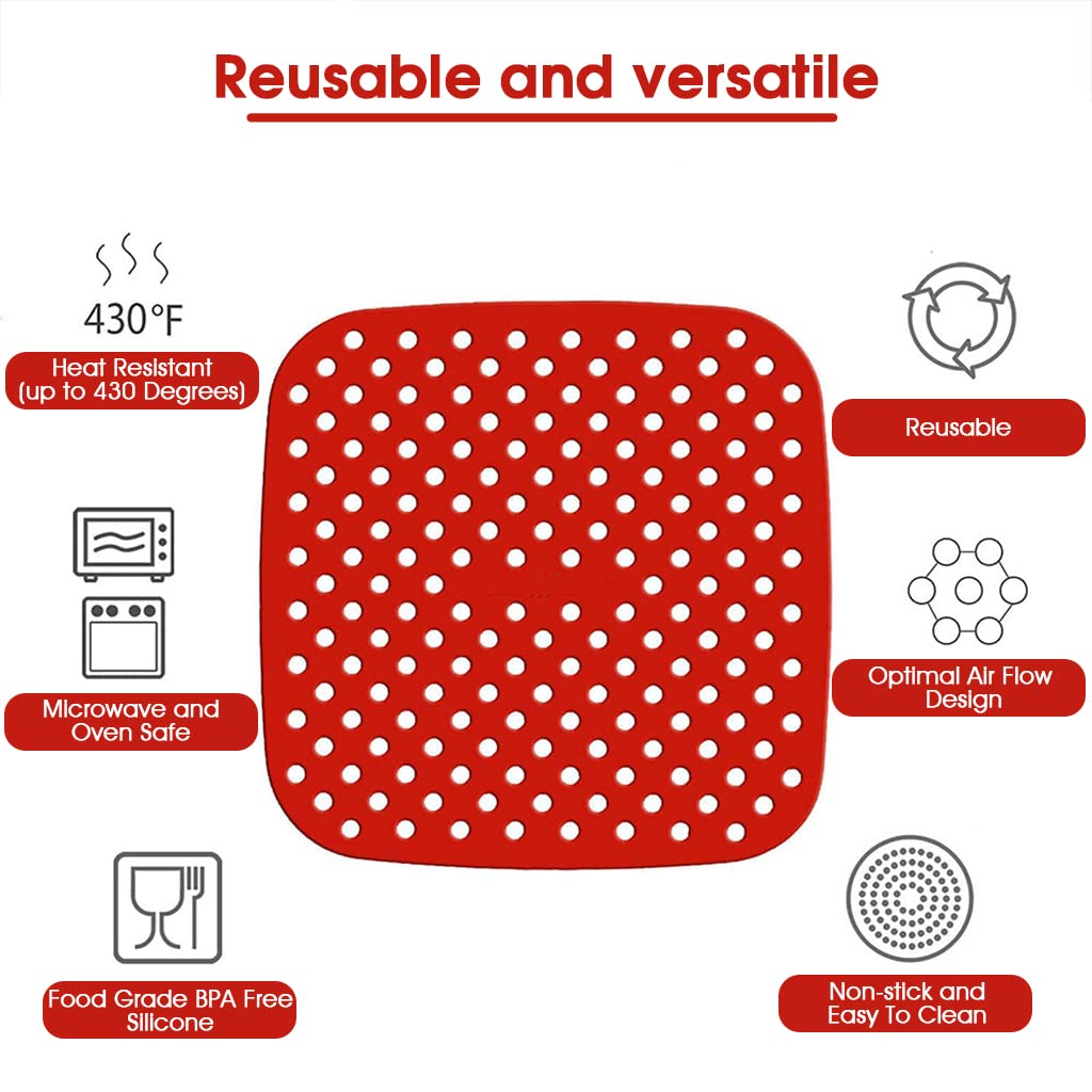 HASTHIP Air Fryer Liners for Easy Cleanup featuring 8.5 in Reusable Food‑Grade Silicone Pads | 2Pcs Red and Black Set