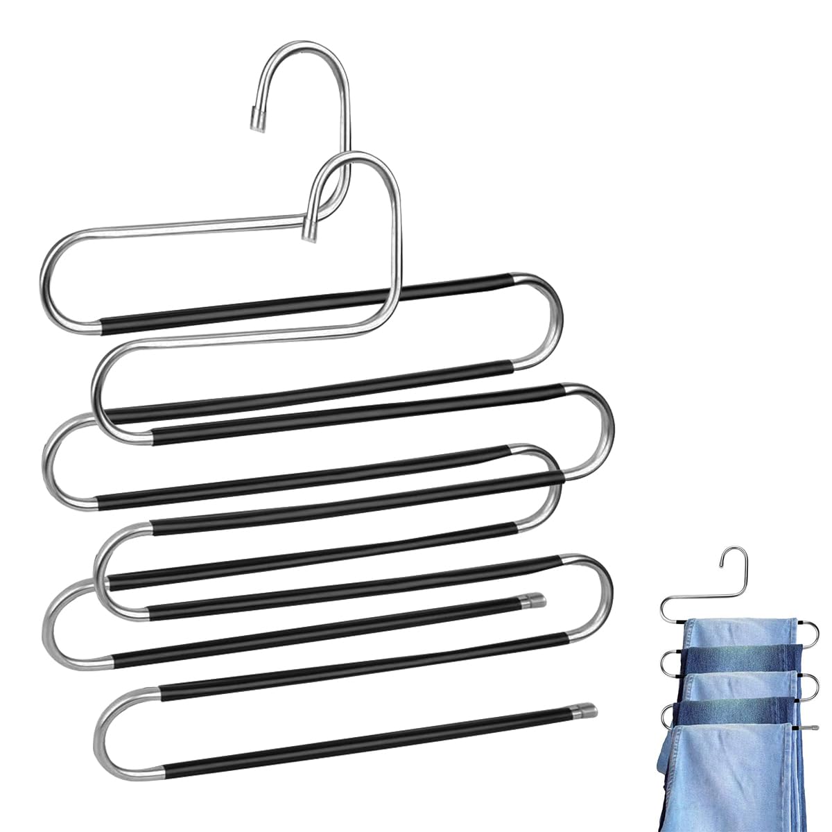 HASTHIP® 2 Pcs Stainless Steel Wardrobe Hanger, S-Shape Non-Slip Multi Trousers Tie Scarf Hanger, Space Saving, Durable Clothes Hanger with Anti-Slip PVC Sleeves - Holds Upto 6 Garments