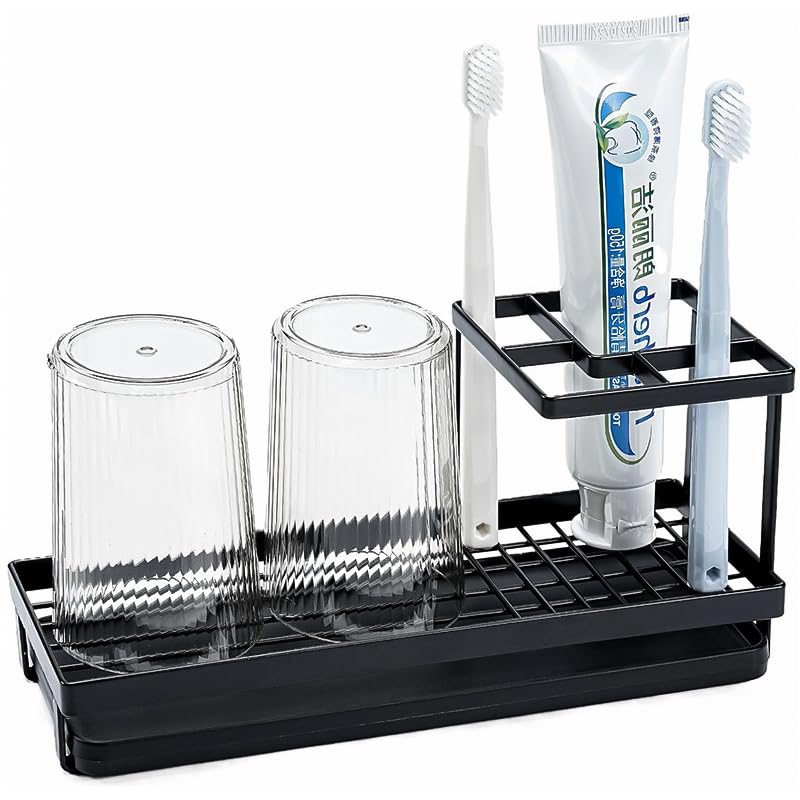 HASTHIP Toothbrush Holder for Bathroom with Pull Out Drip Tray and Cup Drain Rack | Metal Black Organizer Stand