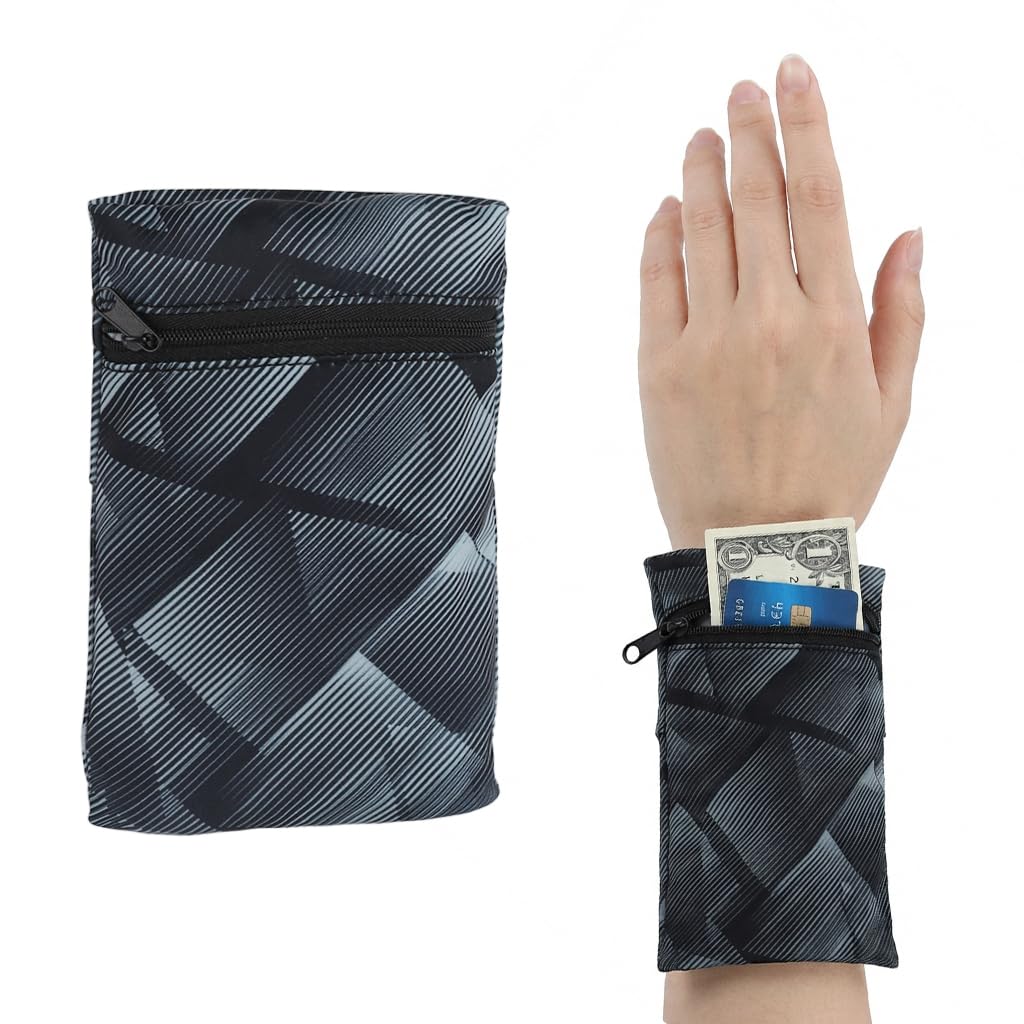 HASTHIP® Pulsera Muñequera con Bolsillo con Cremallera para Hombres y Mujeres, Resistente al Sudor e Ideal para Correr, Entrenamiento, Senderismo, Tenis, Baloncesto, Ciclismo y Viajes - Negra