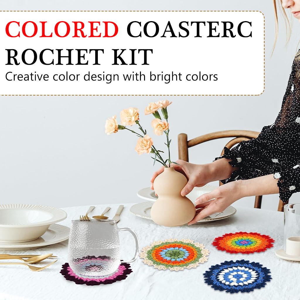 HASTHIP® DIY Crochet Kit Set of 4Pcs DIY Crocheting Coasters Material Kit Floral Croch