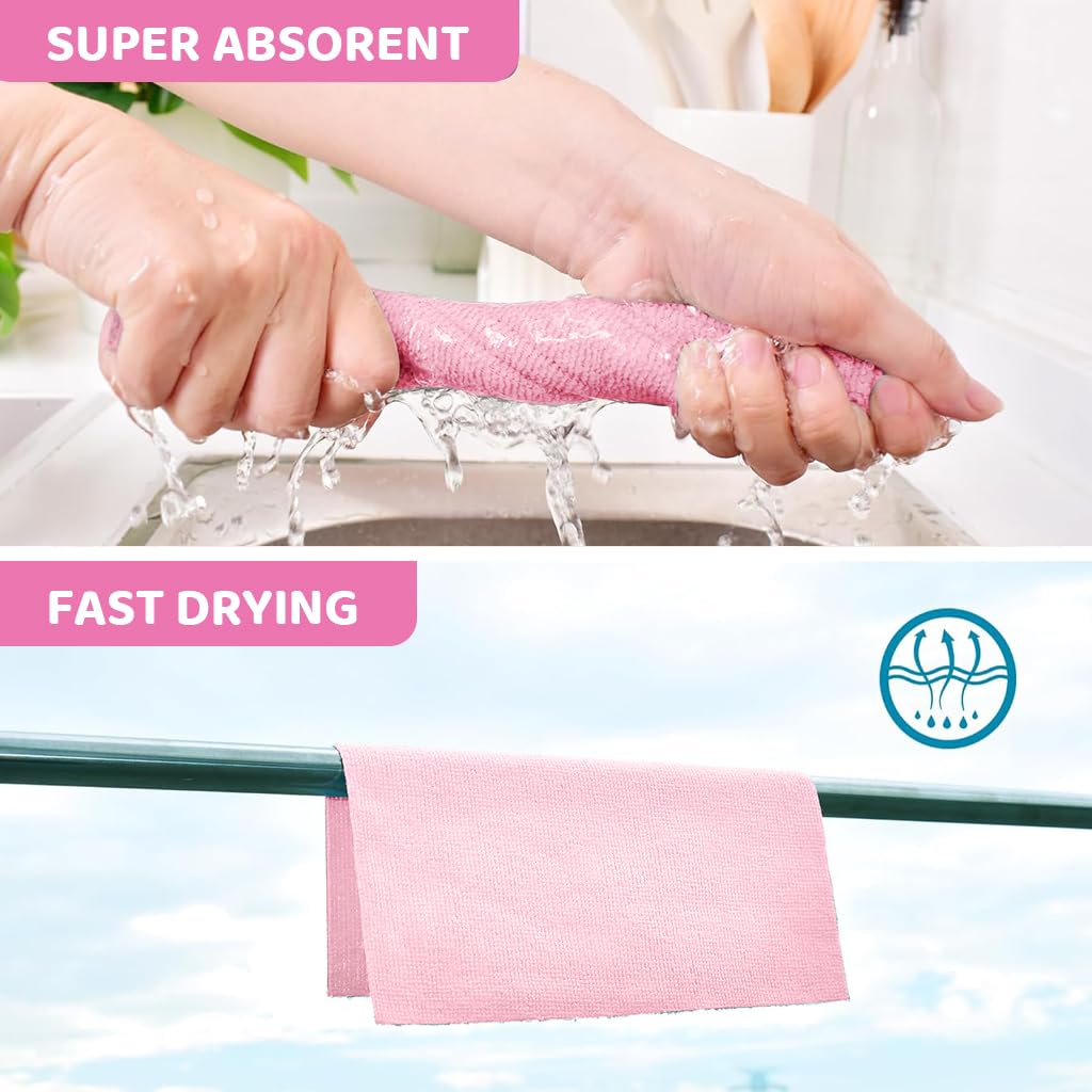 HASTHIP Microfiber Cleaning Cloth Roll 15 Count 25x40cm for Kitchen Use featuring Pre Cut Tear Away Design | Pink Reusable Towels