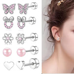 HASTHIP® 5 Pairs Hypoallergenic Screw Back Earrings for Women Girls Surgical Steel Cute Heart CZ Flower Pearl Ball Tiny Screwback Stud Earring - Pink