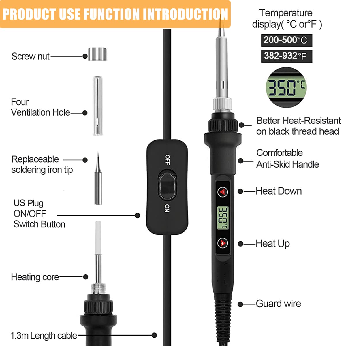 Temperature Adjustable Soldering Iron Kit With 5 Different Soldering Tips & 1 Roll Solder Wire, 80W/220V Soldering Iron With Digital Display Screen, Temperature Range 180-520°C