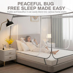 HASTHIP® Double Bed Mosquito Tent Net with Frame,Roofed Fine Mesh Canopy Mosquito Net,No Bottom Design Elastic Strap Fixation Zip-up Dual Door Pop-Up Bed for Bedroom 180x200x145cm