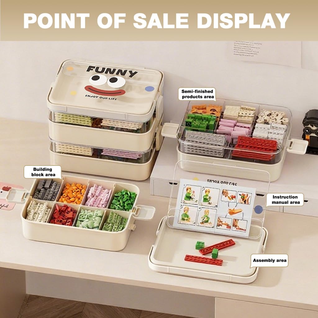 HASTHIP Kids Building Blocks Storage Box 3 Layer with Removable Lids and Handle | Organizer Case with Divider Inserts for Small Toy Sorting