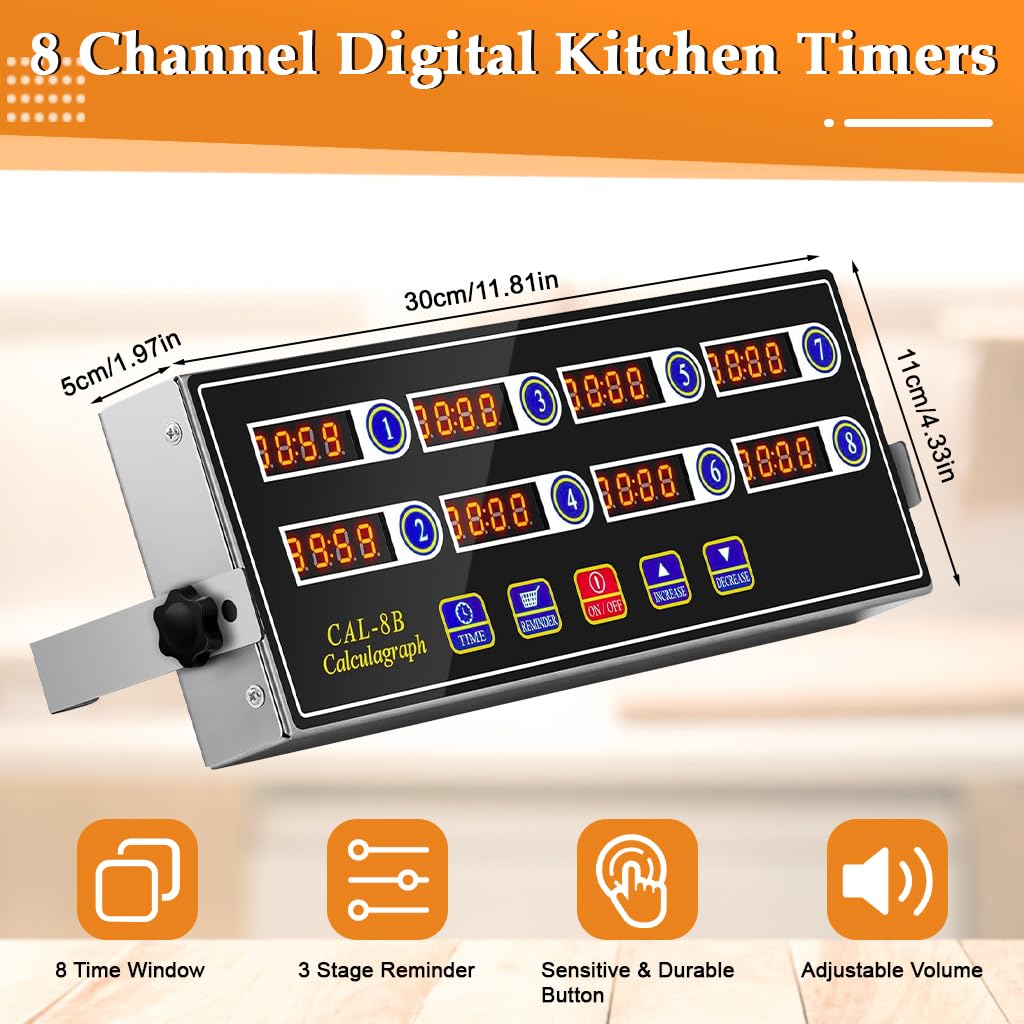 HASTHIP Commercial Kitchen Timer for Restaurants with 8 Channel Display and Loud Alarm | Programmable Cooking Reminder