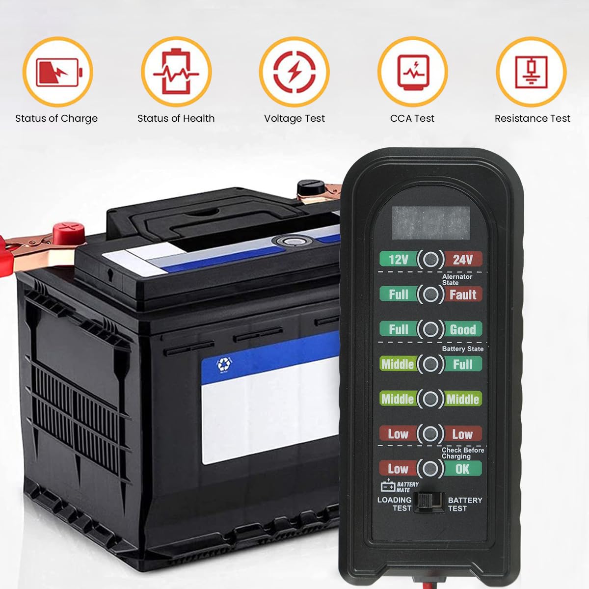 HASTHIP® 12V 24V Car Battery Tester and Alternator Tester, Automotive Load Tester Indicator 12 Volt Auto Check