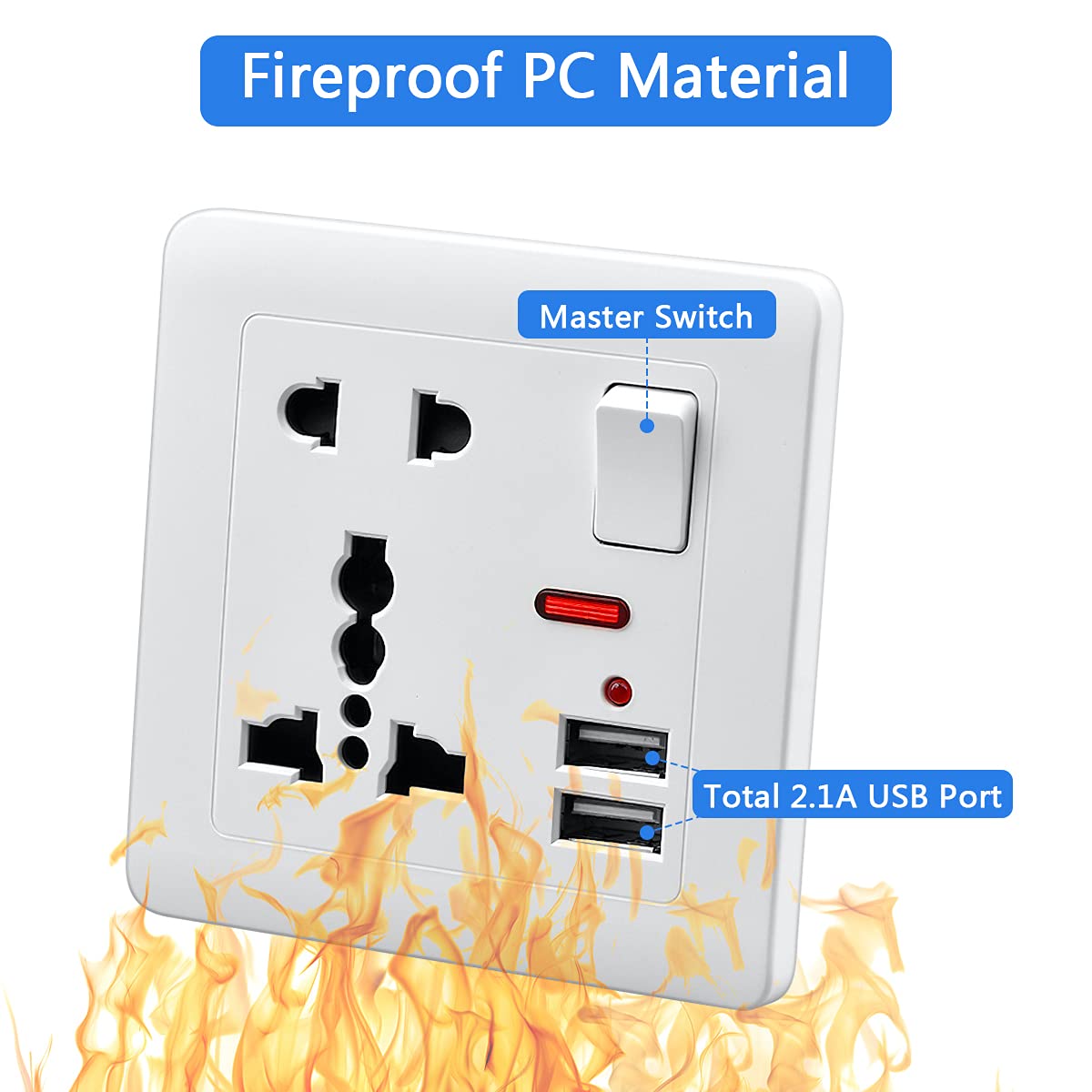 2.1A 2 USB Multi Plug Socket,Switch-Control Wall Socket,with Installation Box,13A-250V Charger Power Panel Receptacle 5 Outlet Switch (White PC)