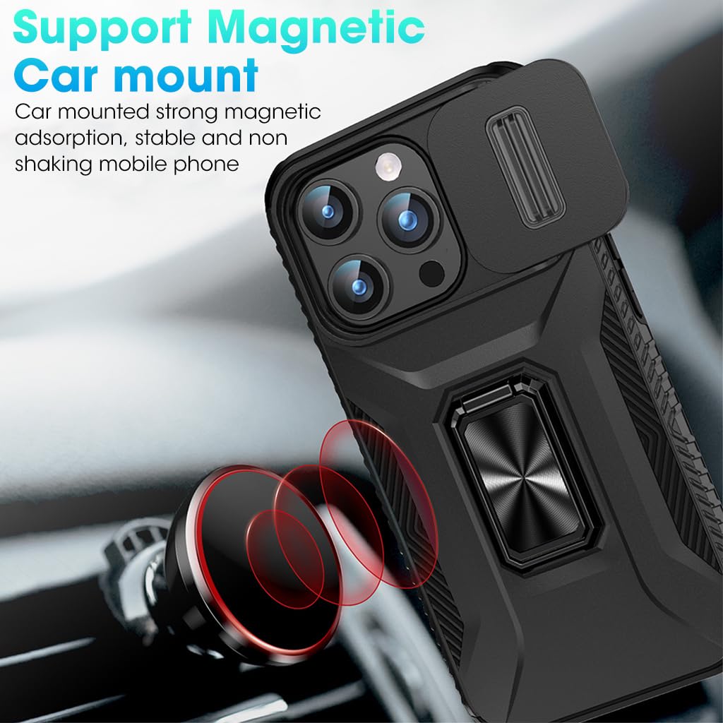 HASTHIP® Folding Phone Ring Grip & Sliding Camera Cover for iPhone 15, 6.1 Inch - Slim, Durable, Anti-Scratch, Shockproof Case with Kickstand - Multifunctional and Fashionable Design, Black