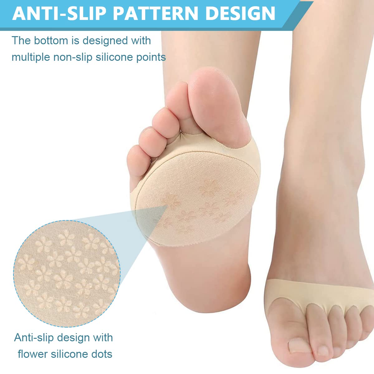 4 Pairs Metatarsal Pads for Women Soft Ball of Foot Cushion Pad, Half Toe Sleeves Anti Slip Silicone Dots Forefoot Pads Socks for Relieve Toes Pain & Pressure, Dancer Foot Support Pad