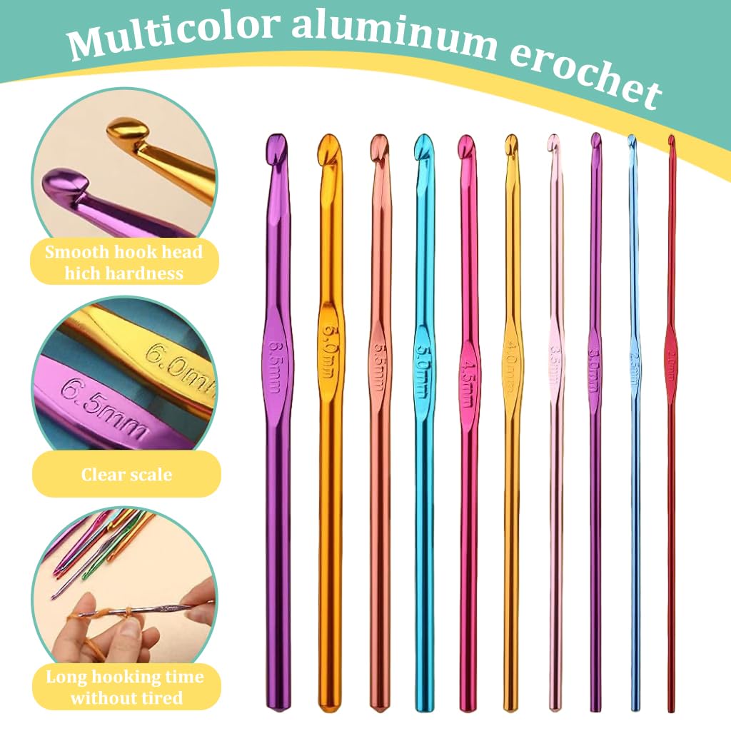 Aluminium 54Pcs Crochet Needles Set,Ergonomic Crochet Hooks Kit With Storage Case,Crochet Hooks Needles Set Stitch Marker Diy Craft Hand Knitting Craft Art Tools For Beginners,Assorted