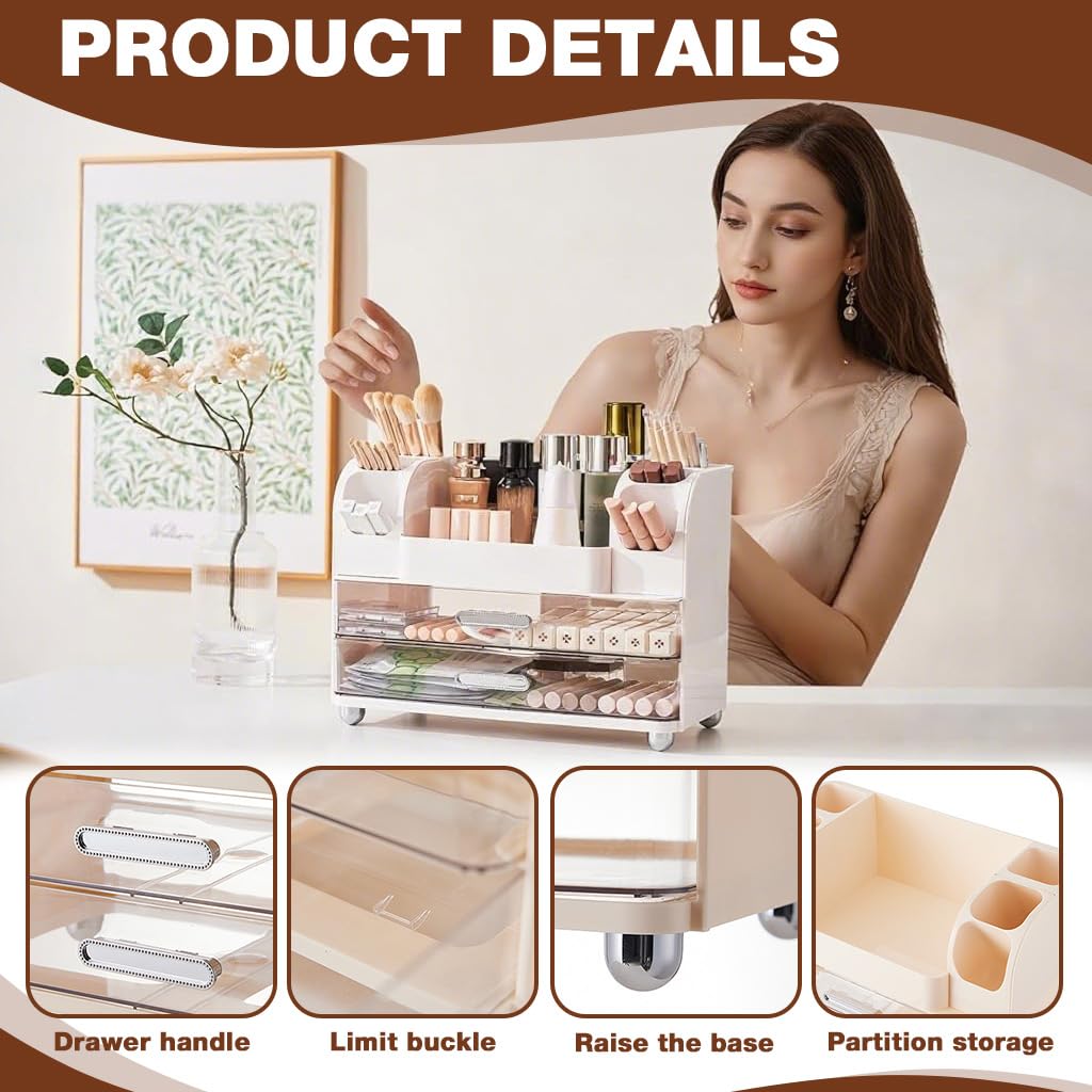 HASTHIP Makeup Organizer for Desk and Vanity with Dual Drawers and 35x21x26 cm ABS Design