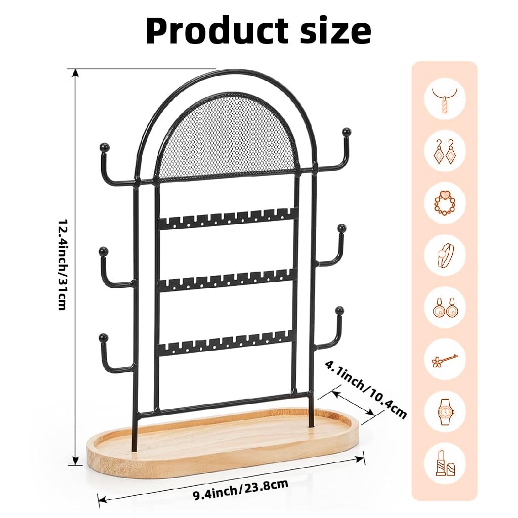 HASTHIP Jewelry Organizer for Desk Use with 3 Tiers 27 Holes 6 Hooks & Wooden Tray | Metal Display Stand for Earrings Necklaces Rings