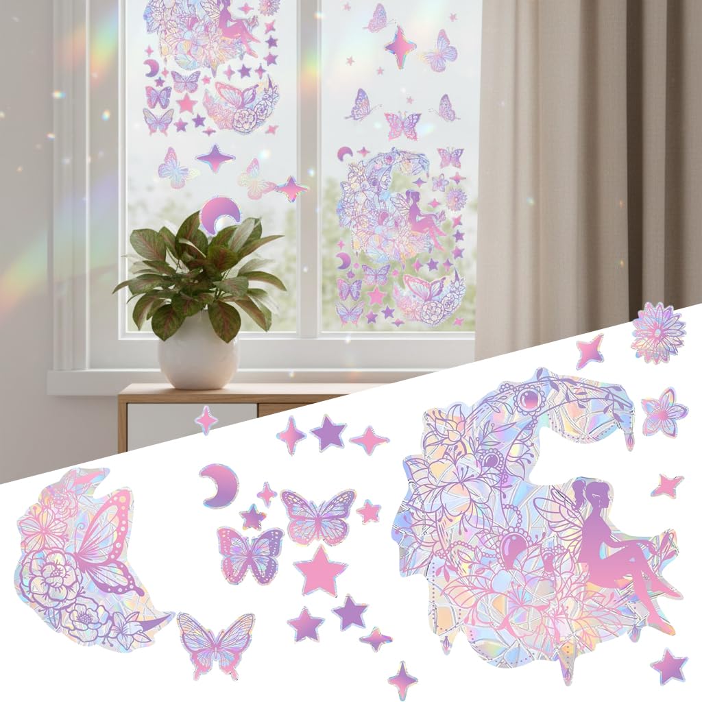 HASTHIP® 3-Pack Pink Fairy Sun Catcher Window Decals Set, Static Removable Stained Holographic Stickers, Butterfly, Moon & Star Light Catching Stickers Window Clings for Bedroom, Kids Room & Home Decor