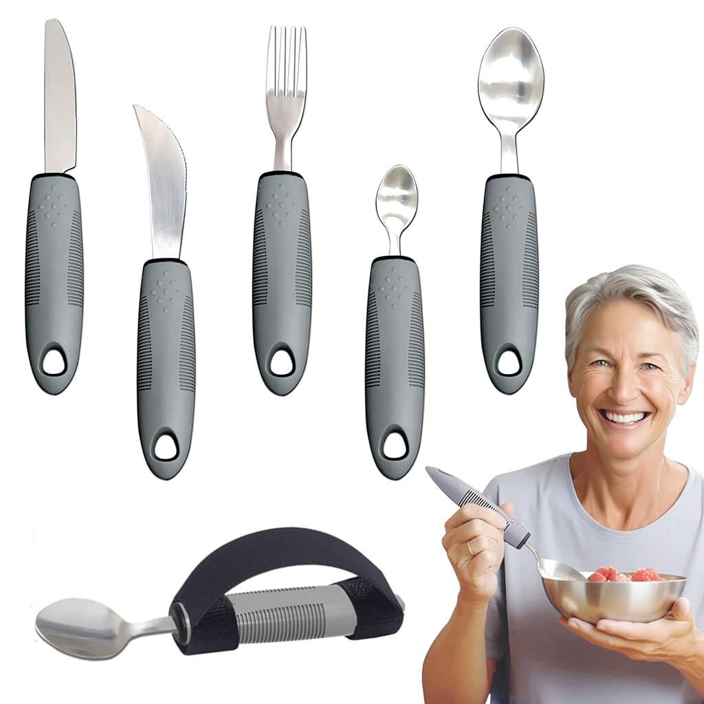 HASTHIP Adaptive Utensils 5pcs for Hand Tremors and Arthritis featuring Bendable Heads and Anti Slip Handles
