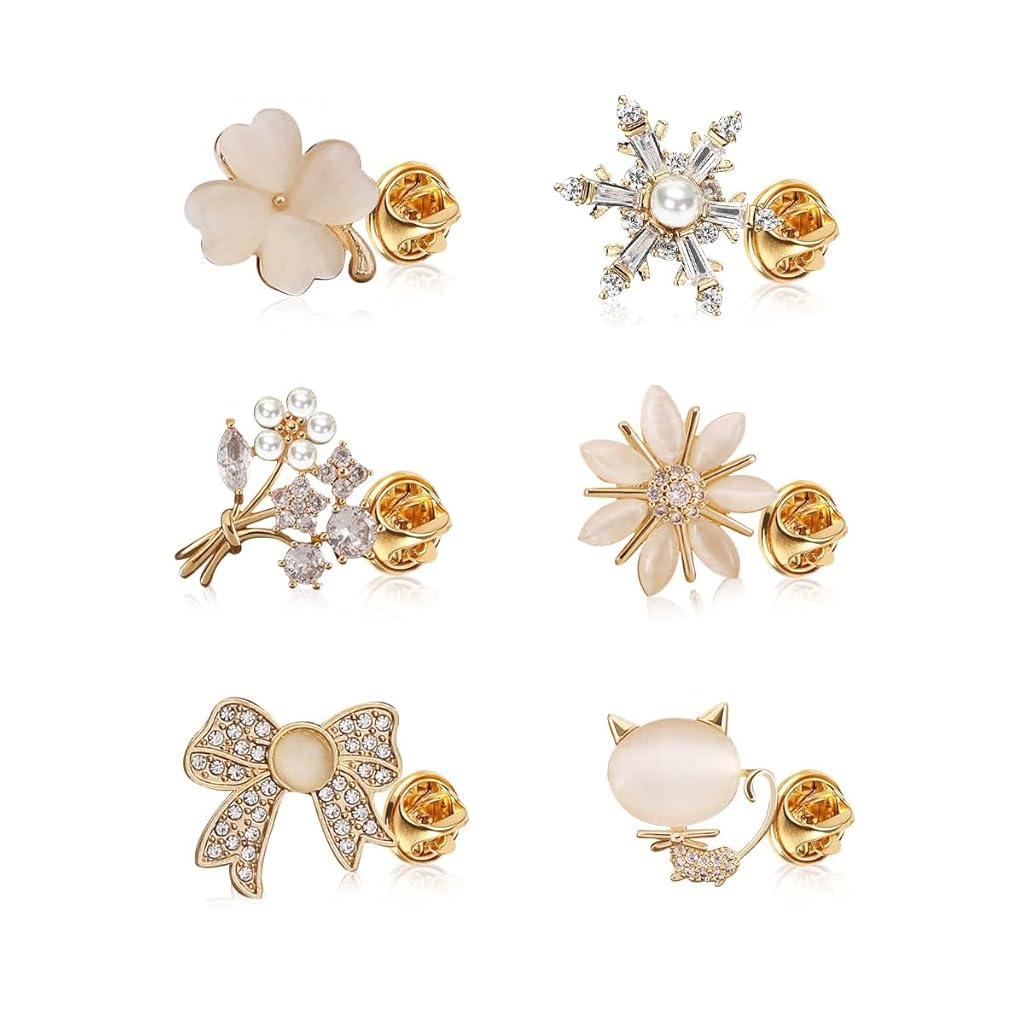 HASTHIP® Alfileres de Broche para Mujer,6 Piezas Broches con Perla y Diamantes de Imitación,Broches Metálicos Aleación para Camisa Chal Suéter o Sari Joyas Elegantes Regalo