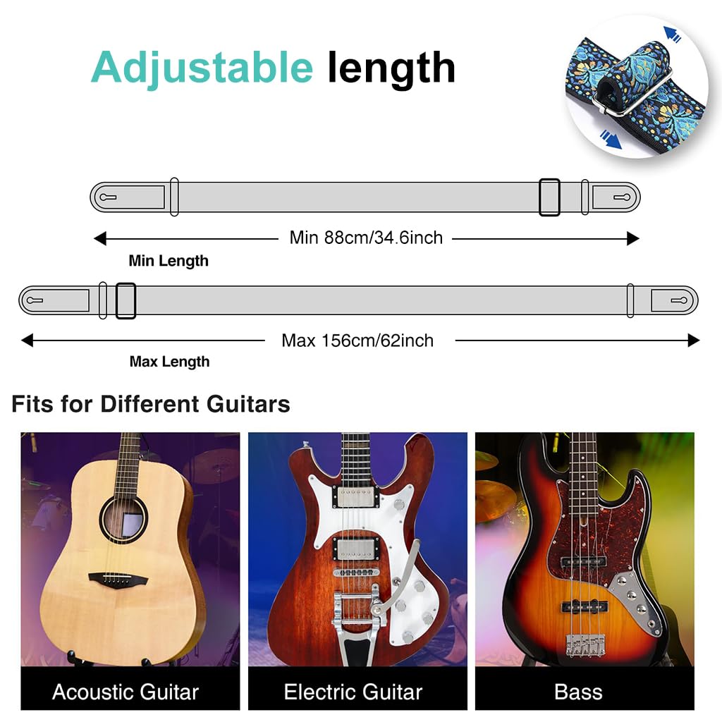 HASTHIP Guitar Strap for Acoustic and Electric Guitar featuring 34–41 in Adjustable Length | Blue Double-Sided Vintage Embroidered Cotton Design