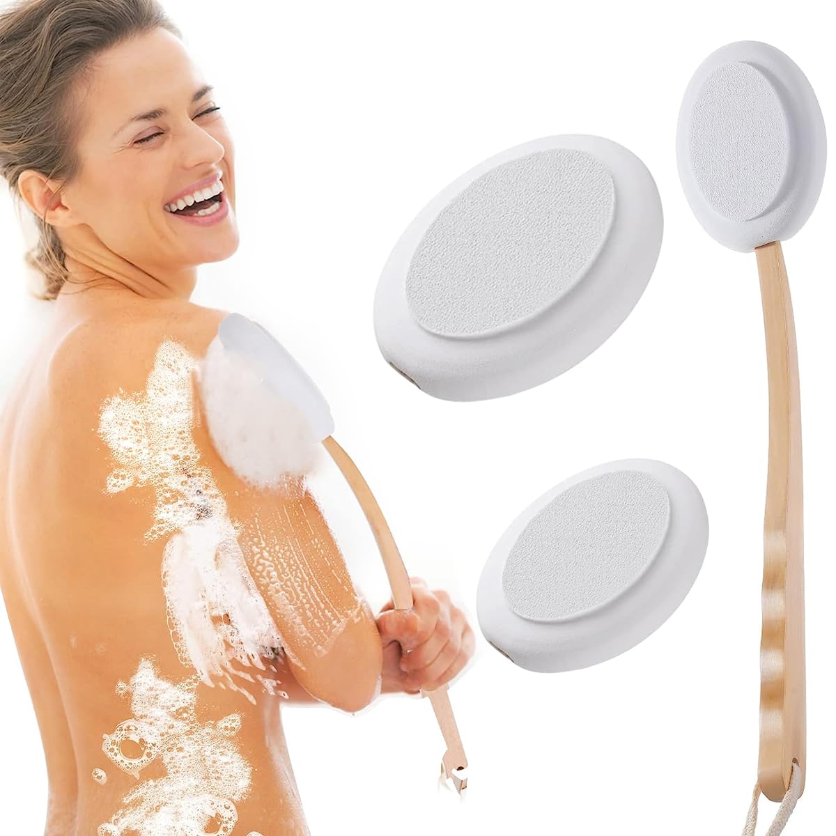 HASTHIP® Cepillo Corporal con Mango Largo de Madera para Espalda,Aplicador de Loción y Cepillo Baño con 3 Cabezas Reemplazables,Exfoliante y Masajeador Antideslizante para Piel Seca o Ducha
