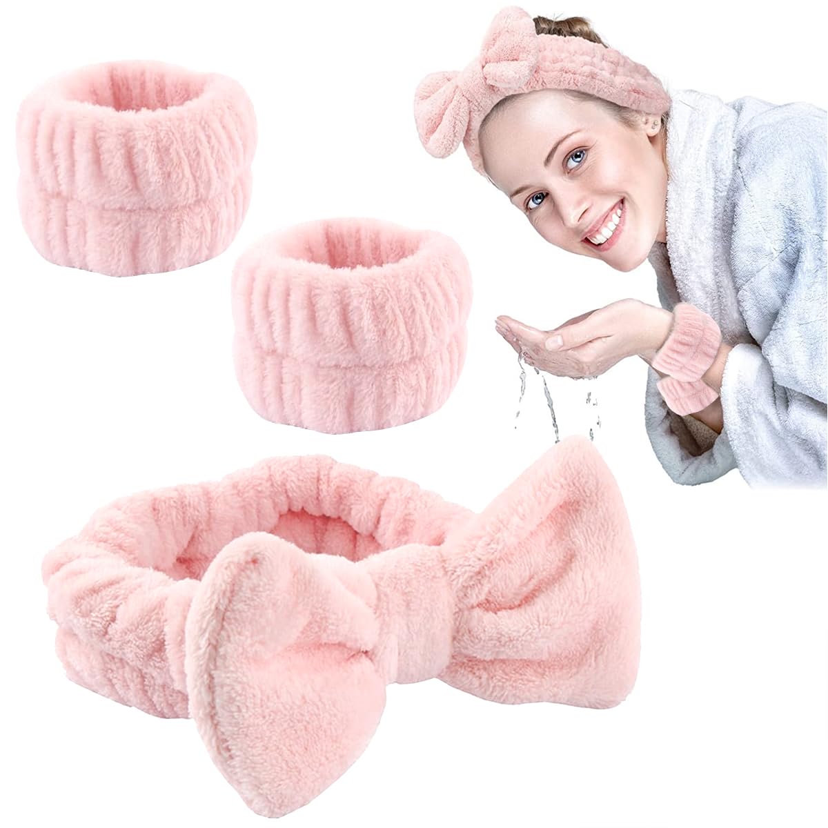 HASTHIP® Set de Diadema y Muñequeras para Lavarse la Cara,Banda de Pelo Suave y Elástica con Lazo,Toalla Absorbente Felpa para Mujeres Chicas SPA Maquillaje Yoga Fitness (Rosa)