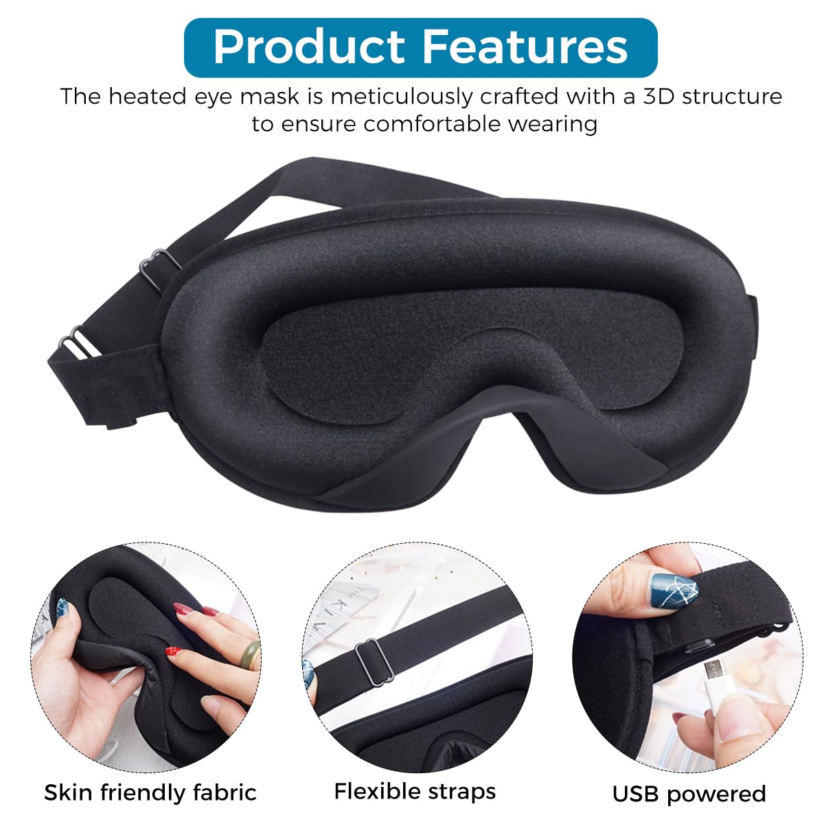 HASTHIP USB Wired Eye Mask for Relaxing Eye Spa with 3D Contour Design & 3 Heat Levels